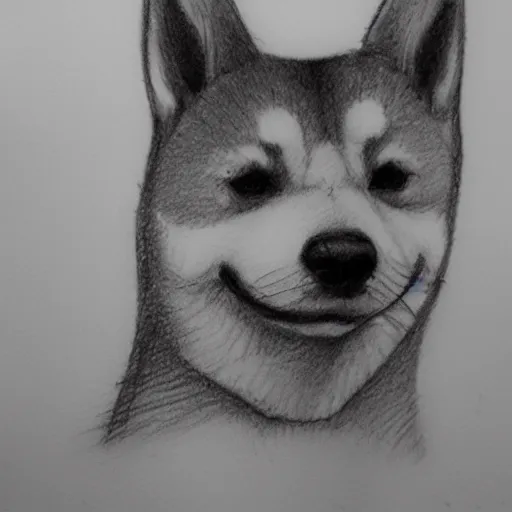 Prompt: pencil sketch of a shiba inu smoking a cigarette, sad expression