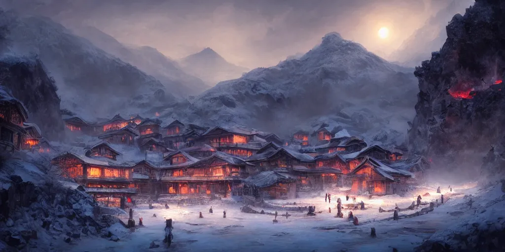 Prompt: eastern style snow covered village in the mountains with hot springs, active volcano at the background. in style of greg rutkowski and hyung - tae kim, trending on artstation, dark fantasy, great composition, concept art, highly detailed, dynamic pose, vibrant colours, epic, 8 k.