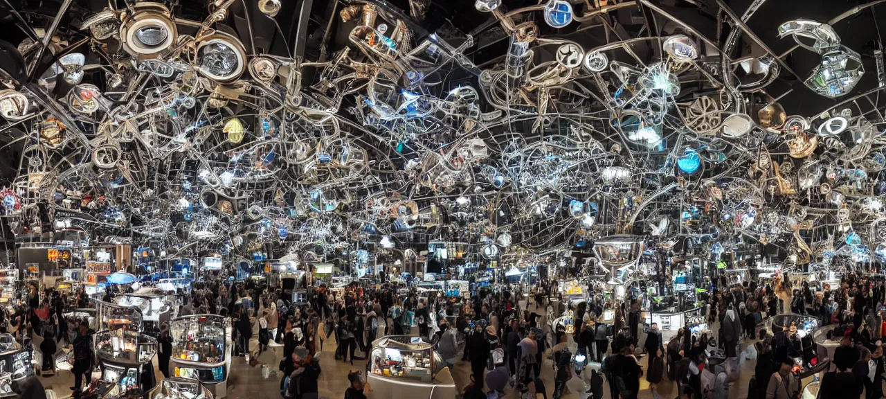 Image similar to A wide view into a showcase full of thousands of tiny mechanical futuristic gadgets, illuminated from top with spolights in a huge room of a futuristic museum