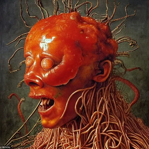 Prompt: a boy made of spaghetti and tomato sauce riding on a giant rhino, looking straight into camera, screaming in pain, by giuseppe arcimboldo and ambrosius benson, renaissance, fruit, intricate and intense oil paint, a touch of beksinski and hr giger and edward munch, realistic