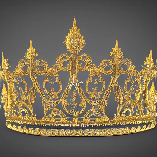 Prompt: Ultra realistic fantasy tiara, intricate detailed, gilded gold and diamonds, sharp focus, Symmetrical composition, octane render, high quality, 8k, volumetric lighting, on black background !dream