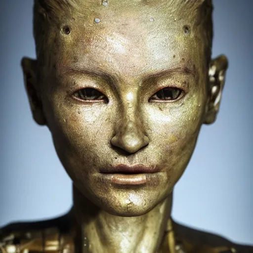 Image similar to photo taken of an epic intricate, ultra detailed, super realistic gritty, wet, lifelike sculpture of a female humanoid android creature with bioluminescent patches of skin created by weta workshop, zoomed in shots, subsurface scattering, photorealistic, sharp focus, white wall coloured workshop, cold colour temperature, f 0. 4, face centred, golden ratio,
