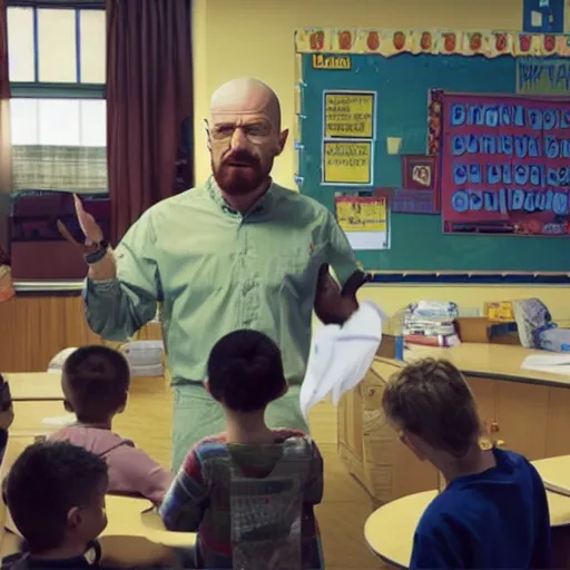 Prompt: walter white teaching kids about meth, classroom, children, jesse pinkman, school.