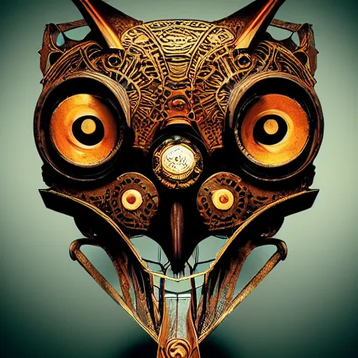 Image similar to steampunk tribal mask, owl, japanese pottery, vivid colors, wood, metal, intricate details, trending on cgsociety, concept art, glowing eyes, sharp focus, ultra realistic details, cinematic atmosphere, global illumination, shadows