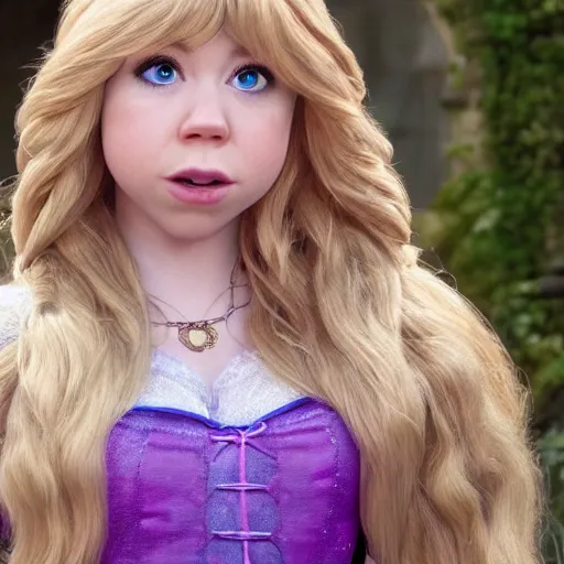 Image similar to Jennette McCurdy as Rapunzel in disney tangled live action, 8k full HD photo, cinematic lighting, anatomically correct, oscar award winning, action filled, correct eye placement,