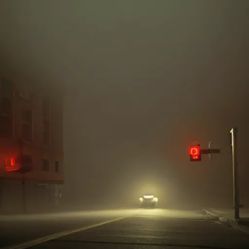 Prompt: A stunningly beautiful award-winning 8K high angle cinematic movie photograph of a foggy intersection in an abandoned 1950s small town at night, by Edward Hopper and David Fincher, cinematic lighting, perfect composition, moody low key volumetric light.