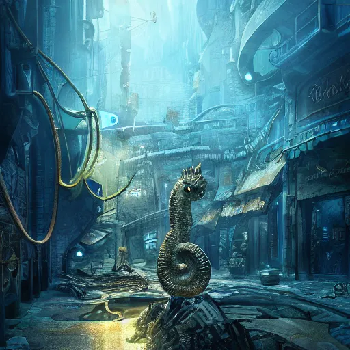 Image similar to a seafloor view of a seahorse swimming on the street corner of the steampunk city of Atlantis by Cedric Peyravernay, highly detailed, full view of seahorse, excellent composition, cinematic concept art, dramatic lighting, trending on ArtStation