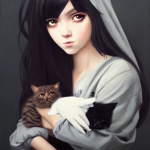 Image similar to a painting of cute emo girl, with long dark hair, thick eyebrows, dark eyes and dark circles wide nose, big eyes, oval face, big cheeks holding her cat, photorealistic painting by tran nguyen ilya kuvshinov and greg rutkowski featured on deviantart, detailed painting