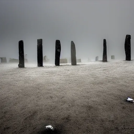 Prompt: 'dancing silhouette figures in front, neolithic standing stones, a haunting snow storm, fog, atmosphere, brooding clouds'