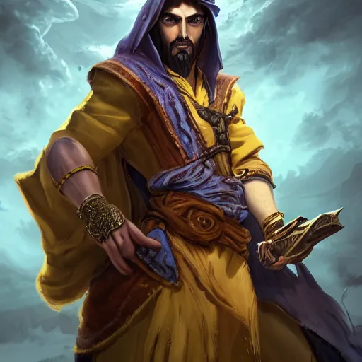 Image similar to portrait of young wild arabian nomad half werewolf, with yellow cloths, league of legends splash art, castlevania, hearthstone splash art, full body shot, rule of thirds, ultrafine hyperrealistic detailed face, artgerm, greg rutkowski, trending on artstation, 8 k, intricately detailed, highly detailed