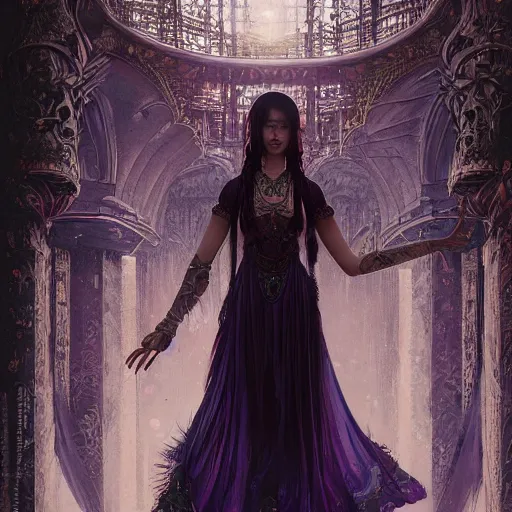 Image similar to photorealistic soft paint of a single very beautiful asian princess full long dress, ultra deep fog, purple black lustrous thin haircut, partial symmetry accurate features, focus, very intricate ultrafine details, award winning masterpiece, steampunk world, rudolf freund dan mumford tom bagshaw