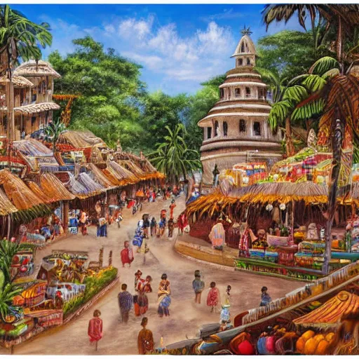Image similar to enchanted painting of a bustling marketplace in a mayan city in the jungles of honduras, realistic, panoramic, 4 k