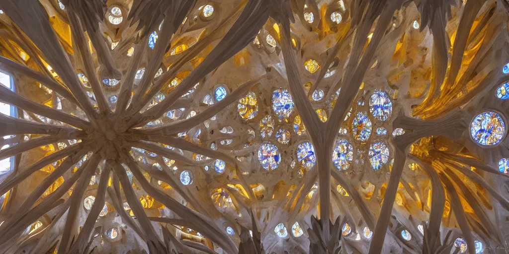 Image similar to sculpted Sagrada Familia ceiling by Antoni Gaudi, symmetrical, volumetric light