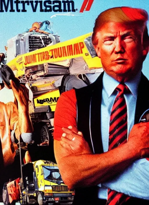 Prompt: an 8 0's john alvin action movie poster starring donald trump as a garbageman to rich people. garbage truck in background. sunglasses. overalls