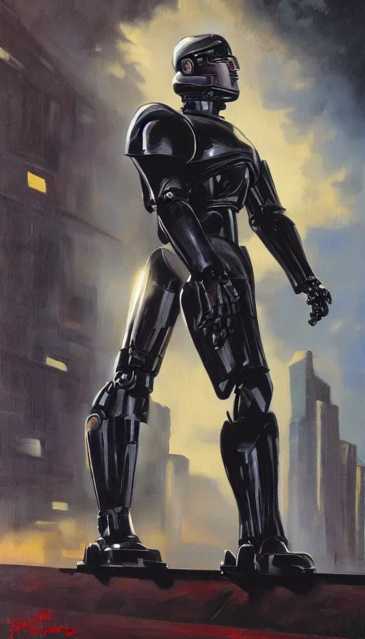 Image similar to robocop, heroic pose, oil painting, rim lighting, by jeff smith