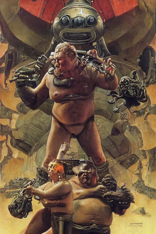 Image similar to focus on ray winstone as a fat scifi warrior exploring an alien temple, by norman rockwell and boris vallejo