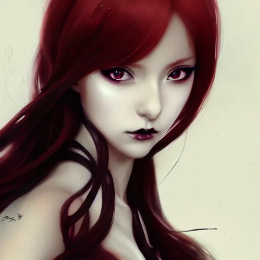 Image similar to facial portrait of a young pretty anime woman, long red hair, dark eyes, gothic eyeliner, character concept art, headshot, Charlie Bowater, Anna Dittmann, WLOP, Rumiko Takahashi, Akihiko Yoshida, Hyung-tae Kim, alexander mcqueen, trending on Artstation