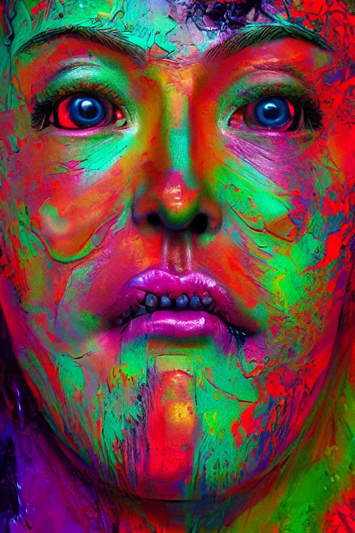 Image similar to psychedelic melting wax face, close up shot, diffuse lighting, intricate, elegant, highly detailed portrait, lifelike, photorealistic, digital painting, smooth, sharp focus