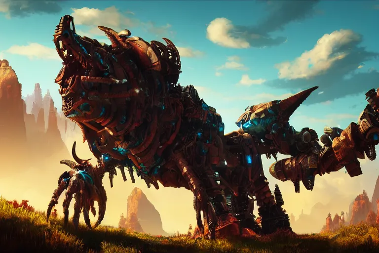 Image similar to grimhorn fanghorn machine mecanical creature robot of horizon forbidden west horizon zero dawn bioluminiscence global illumination ray tracing hdr fanart arstation by ian pesty and alena aenami artworks in 4 k