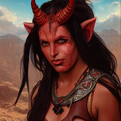 Prompt: portrait of a female berber tiefling with red skin, devil horns and black hair in a ponytail wearing a steel chestplate in a desert, fantasy, highly detailed, digital painting, artstation, concept art, character art, art greg rutkowski and alphonse mucha