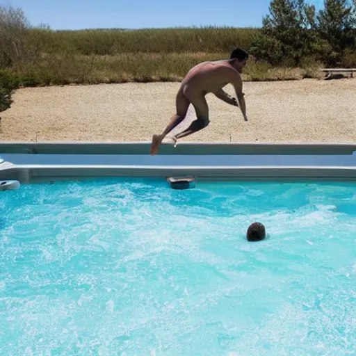 Prompt: a man diving from a 1 0 0 m diving board into a hot tub