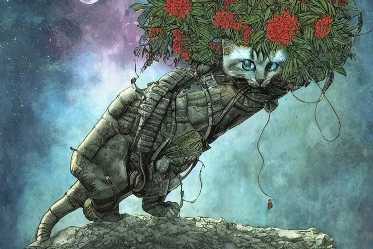 Image similar to gigantic futuristic cat floating in the space, a lot of exotic plants, trees, flowers, vintage sci - fi, newspaper grainy colors, flat surreal grainy design, super - detailed, painting by enki bilal and moebius, hd, 4 k, high quality