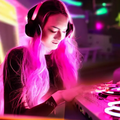 Prompt: a female woman dj playing music on a controller under the stars at a rave party, wearing headphones, long blonde hair with a side part, small kitten sitting nearby, neon pink, neon purple, octane 8 k render, hyper realistic, cyberpunk
