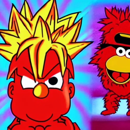 Prompt: angry buff Elmo turns super Saiyan, sesame street, 90s anime Toriyama style