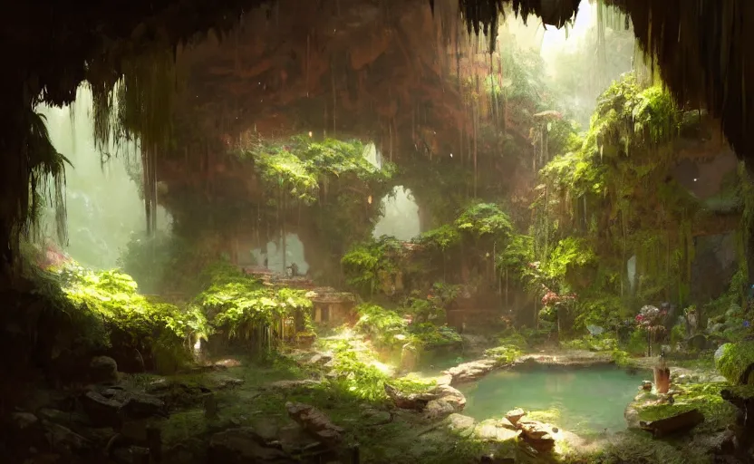 Prompt: painting of an interior of a hidden hotspring in a cave, fantasy, lush plants and flowers, natural light, concept art, by greg rutkowski and craig mullins, cozy atmospheric and cinematic lighting, trending on artstation