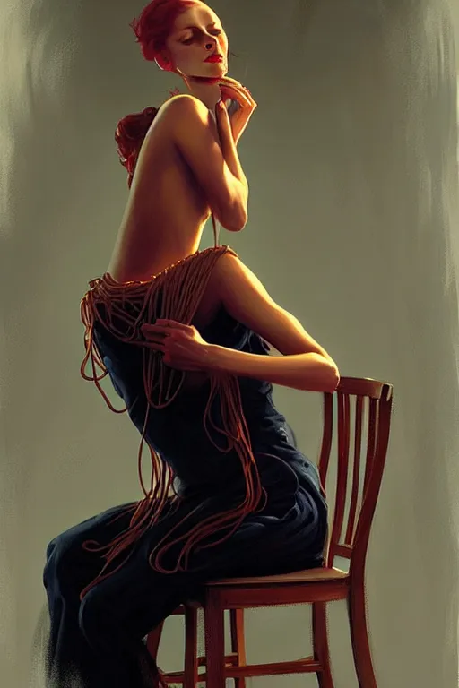 Image similar to a beautiful woman tied to a chair using spaghetti, a woman wrapped in spaghetti, painting by Charlie Bowater and Gerald Brom