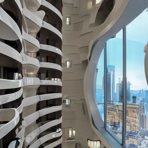 Image similar to interior of futuristic sci-fi mega-apartment building