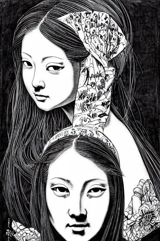 Image similar to beautiful portrait of a woman, negative no not mona lisa pose, highly detailed ink illustration of a dark alley of taipei, b & w clean shaped illustration by kim jung gi, ric estrada, ron english and eiichiro oda