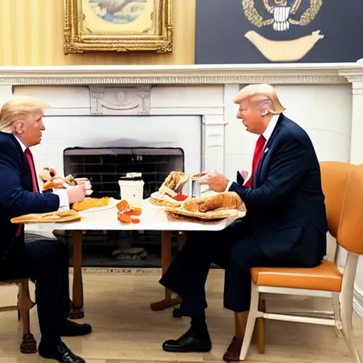 Image similar to photograph of trump and Biden sitting and eating breakfast at a Wafflehouse