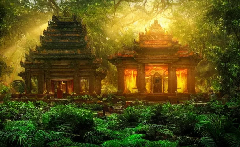 Image similar to a huge magical temple in the middle of a jungle, epic lighting