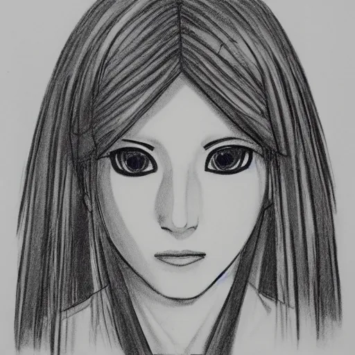 Prompt: A monochrome, symmetrical, police sketch of the face of Hatsune Miku, 1980s, drawn on paper