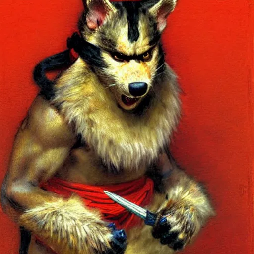 Image similar to a portrait of a furry splinter ninja wearing a red kimono, hairy, furry body, furry arms, feet, tail. highly detailed painting by gaston bussiere, craig mullins, j. c. leyendecker, furry