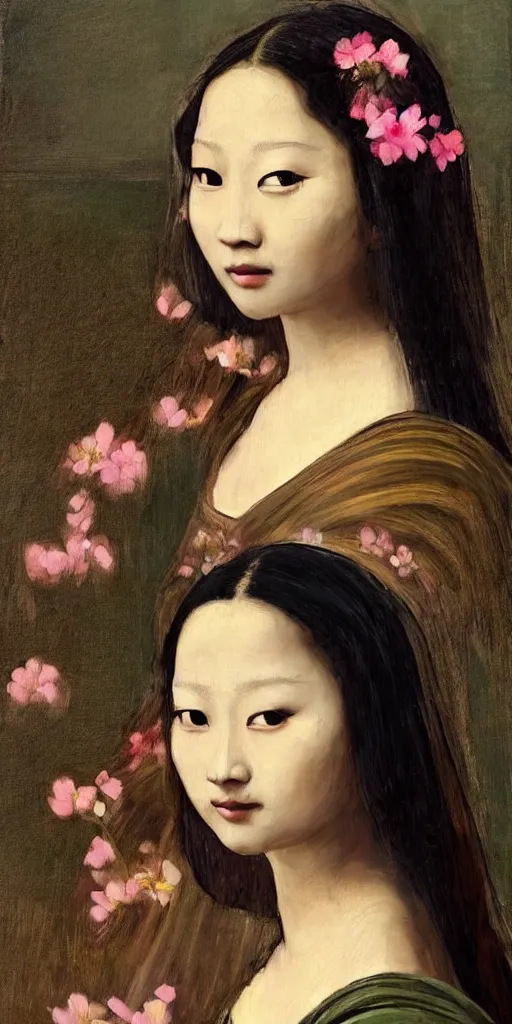 Prompt: Beautiful asian girl looking to the camera with serious face, artstation, flowers in hair, no makeup, slight mona lisa smirk in the style of vermeer, realistic oil painting