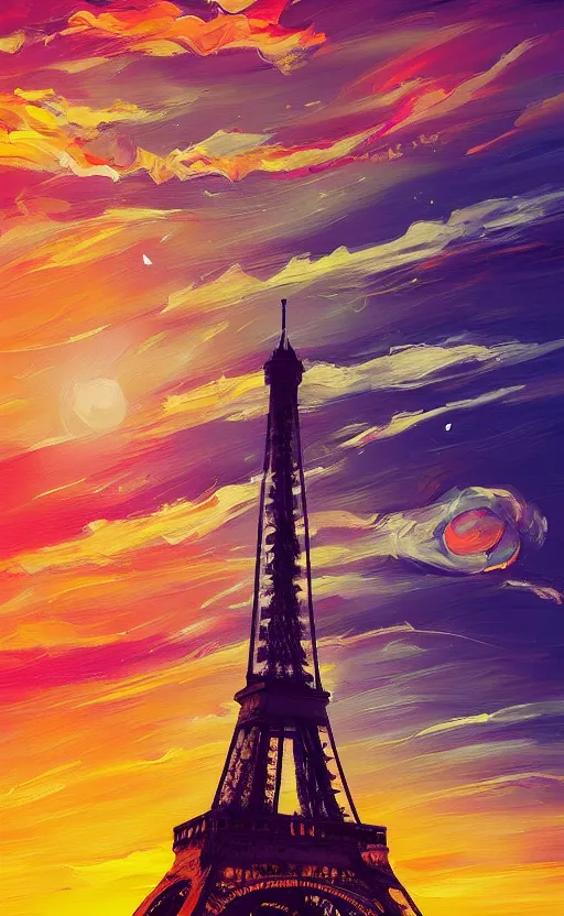 Image similar to a beautiful illustration of the eiffel tower at sunset, art of alena aenami, featured on artstation, vertical orientation, paint brush strokes, expressionism, brushstroke - laden, breathtaking clouds, birds, ocean, beautiful stars, long exposure, gigantic sun, airy theme, red purple gradient, lens flare