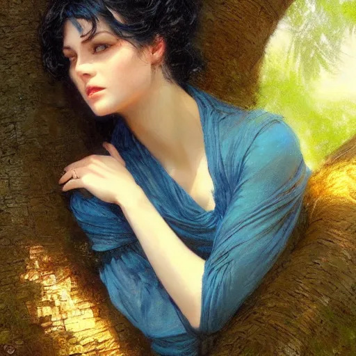 Prompt: portrait of a woman resting on a large tree, short black hair, decorative dark blue clothing, sharp focus, ultra realistic illustration, colorful, cinematic lighting, high fantasy, intricate, highly detailed, smooth, elegant, gaston bussiere, bayard wu, greg rutkowski