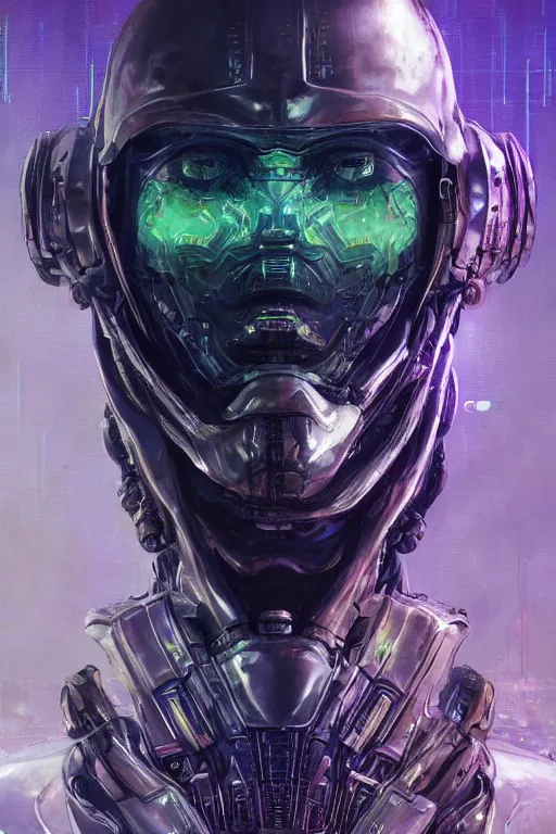 Image similar to portrait sci-fi art by Moebius and Ruan Jia and Joao Silva, a glowing alien liquid metal orb floating above the hand of a soldier, solar flares, futuristic environment, detailed and intricate environment, fractal biomech, cyberpunk, neon color, purple bioluminescence, gold and black metal, dramatic lighting, cinematic, high technology, highly detailed portrait, digital painting, artstation, concept art, smooth, sharp focus, ilustration, Artstation HQ