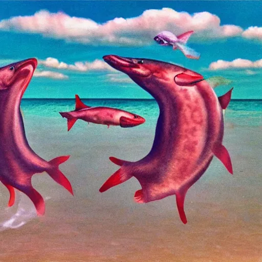 Prompt: salmon jumping out of the water on a sunny day in surrealism style