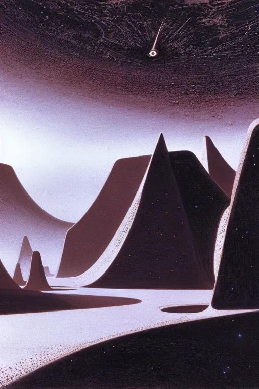 Prompt: otherworldly atmosphere of emissary mars by arthur haas and bruce pennington and john schoenherr, cinematic matte painting buildings by zaha hadid and james turrell in the mountains with falling snow