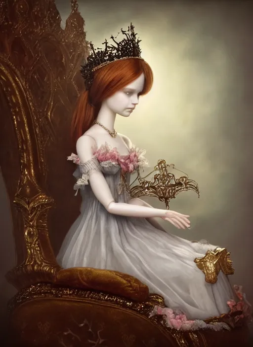 Image similar to highly detailed closeup, simple doll hands, portrait of a gothic fairy princess wearing a crown and sitting on a throne, unreal engine, nicoletta ceccoli, mark ryden, earl norem, lostfish, global illumination, god rays, detailed and intricate environment