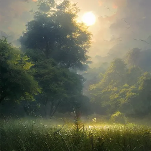 Prompt: landscape, volumetric lighting, dew, spring evening, clear weather, ( few clouds ), realistic illustration, golden hour, perfectly shaded, soft painting, art by krenz cushart and wenjun lin