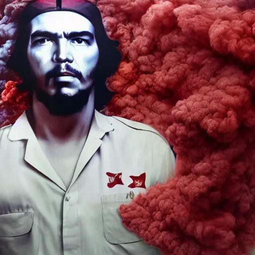 Image similar to colour masterpiece surreal closeup portrait photography of che guevara by miho hirano and annie leibovitz and michael cheval, red and white smoke background, 8 k