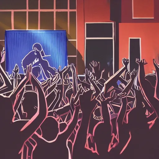 Image similar to an old school hip hop concert taking place on a basketball court behind a large brick apartment at night, many people dancing with their hands in the air, a rapper is standing on stage yelling into the mic, a dj with audio equipment at the back of the stage, hyperrealistic painting, foggy, light streaks