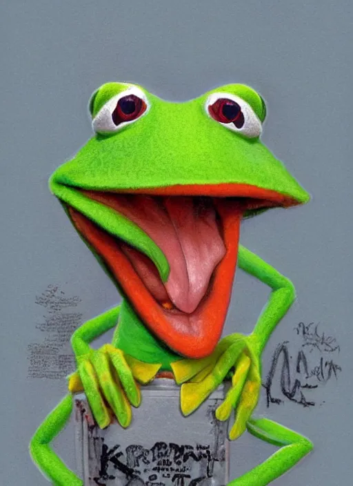 Prompt: portrait of a Deliriously happy and screaming Kermit the frog in Society (1989), highly detailed, centered, solid color background, digital painting, artstation, concept art, smooth, sharp focus, illustration, artgerm, donato giancola, Joseph Christian Leyendecker, Les Edwards, Ed Repka, WLOP, Artgerm