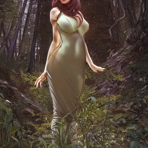 Image similar to full body portrait of a female wearing a skintight dress in a forest, large thighs, perfect face, beautiful! coherent!, intricate, elegant, highly detailed, digital painting, artstation, smooth, sharp focus, illustration, art by artgerm and greg rutkowski and alphonse mucha, 8 k