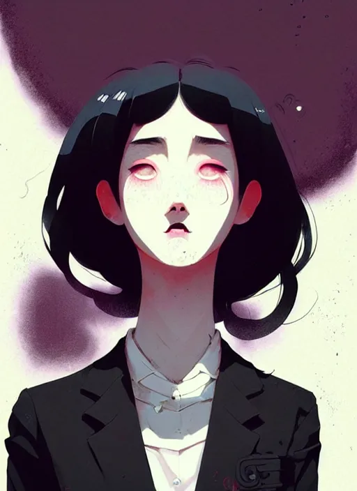 Prompt: highly detailed closeup portrait of cool black hair short, cinnamon skin teen, korean, black suit by atey ghailan, by greg rutkowski, by greg tocchini, by james gilleard, by joe fenton, by kaethe butcher, gradient dark purple, black and white color scheme, grunge aesthetic!!! ( ( graffiti tag wall background ) )