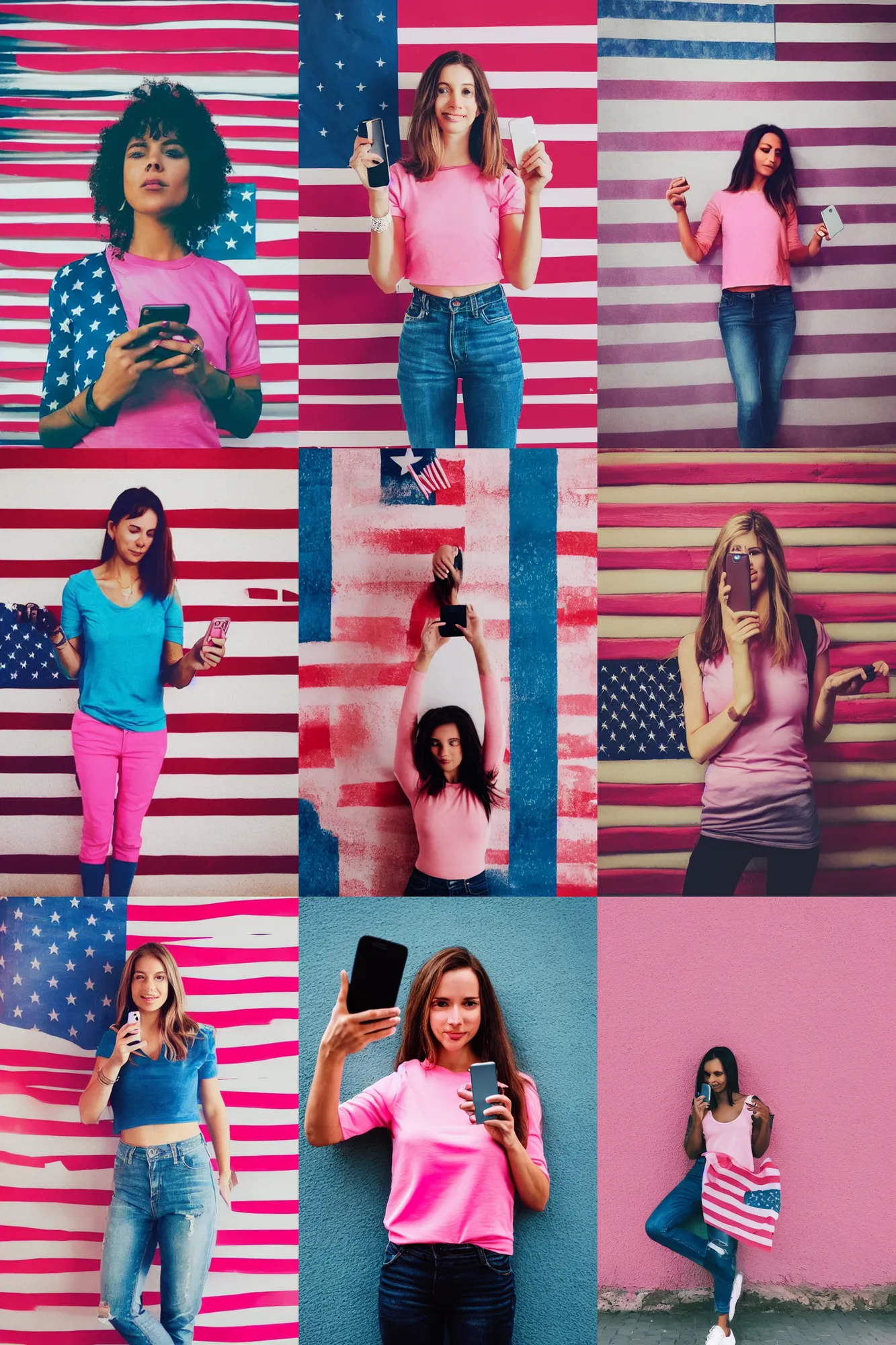 Prompt: a portrait photo of woman in a pink top holding up a cell phone in front of an american flag wall with her hand on her hip and a phone in her other hand, a picture by isabel naftel, instagram, superflat, full body, sensual, colorful